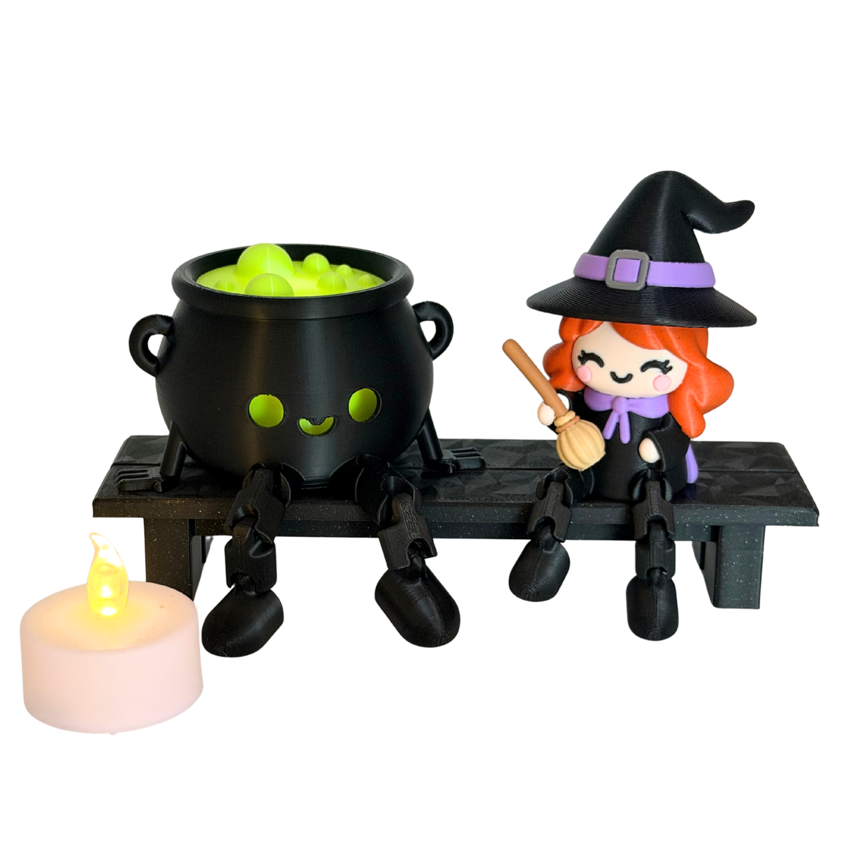 Halloween Set Hilda & Blubberkessel – Hexe mit leuchtendem Hexenkesse inkl. Sitzbank